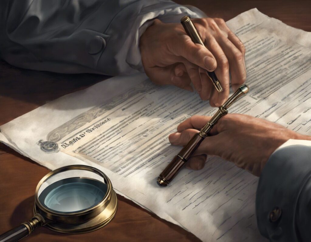 Человек читает юридический документ с помощью лупы