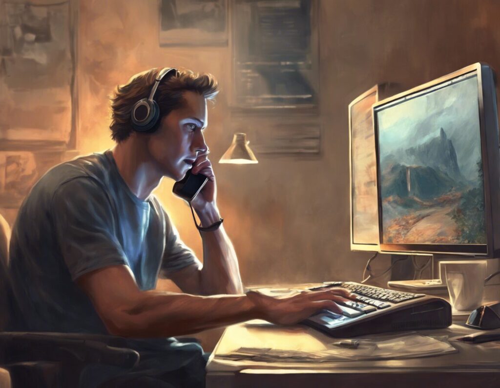 Человек звонит по телефону перед компьютером